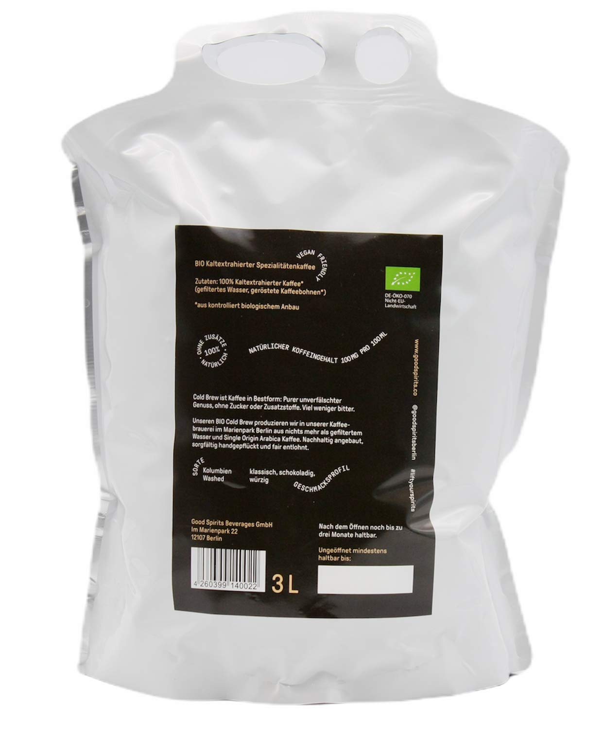 3 Liter Good Spirits Bio Cold Brew Coffee Pure Black Colombia Kaffee Kaltgetränk aus Spezialitätenkaffee Stand Up Pouch mit Zapfhahn für lange Haltbarkeit und Geschmack