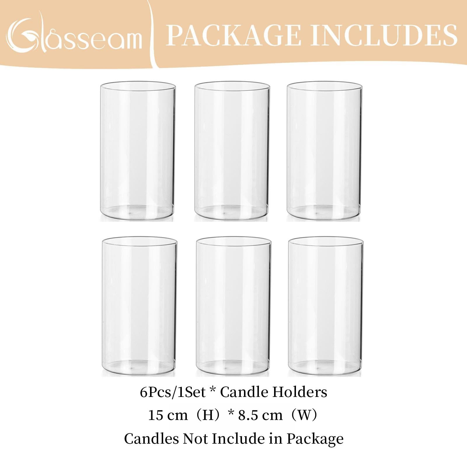 Glasseam Glaszylinder für Kerzen Windlicht Glas: 6er Set Kerzengläser Windlichter für Tischdeko Klar Kerzenglas Kerzenhalter Stumpenkerzen Vasen für Hochzeit Wohnzimmer Dekoration