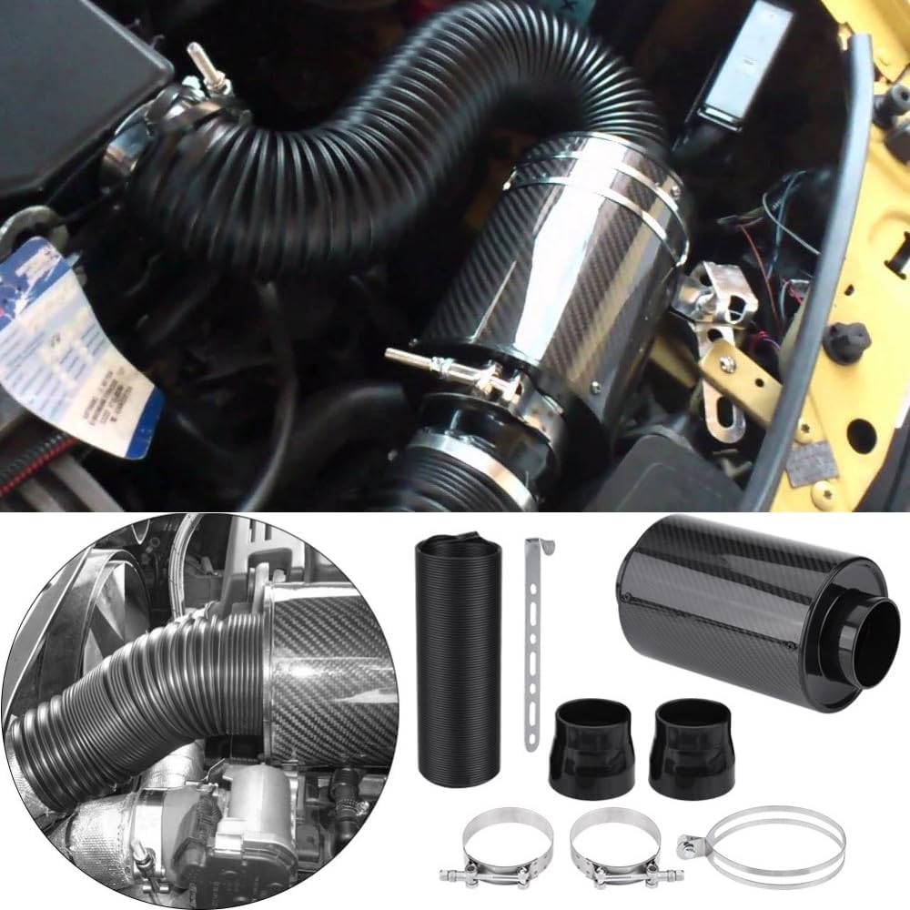 Air Intake Hose 1set 76mm 3 inch Universal Car Cold Air Filter Carbon Fibre Feed Enclosed Intake Induction Pipe Hose Kit Flexible Air Filter Intake Hose