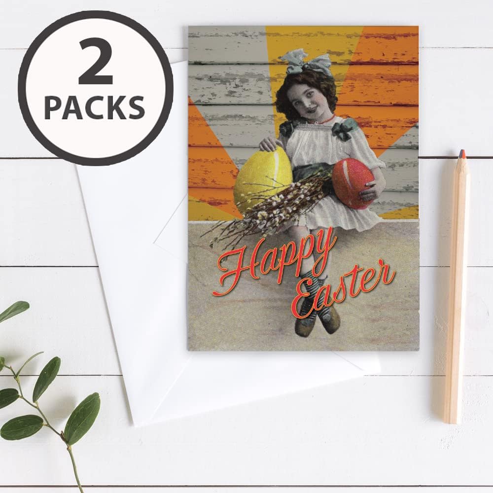 Wright Home & Gift Easter Greeting Cards + Envelopes (5x7) (Girl With Eggs, 20 Pack)