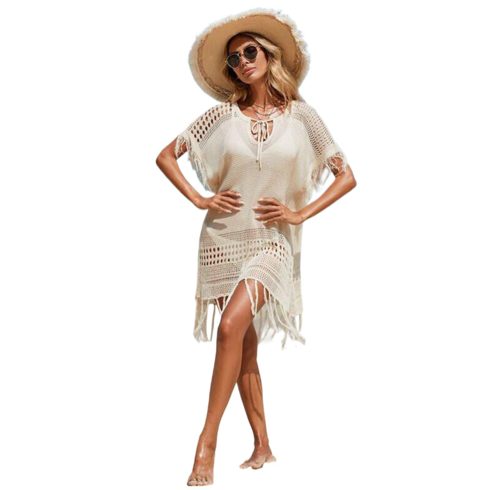 Copricostume da spiaggia da donna, in maglia cava, con nappe, tinta unita, a maniche corte, stile casual, per le vacanze