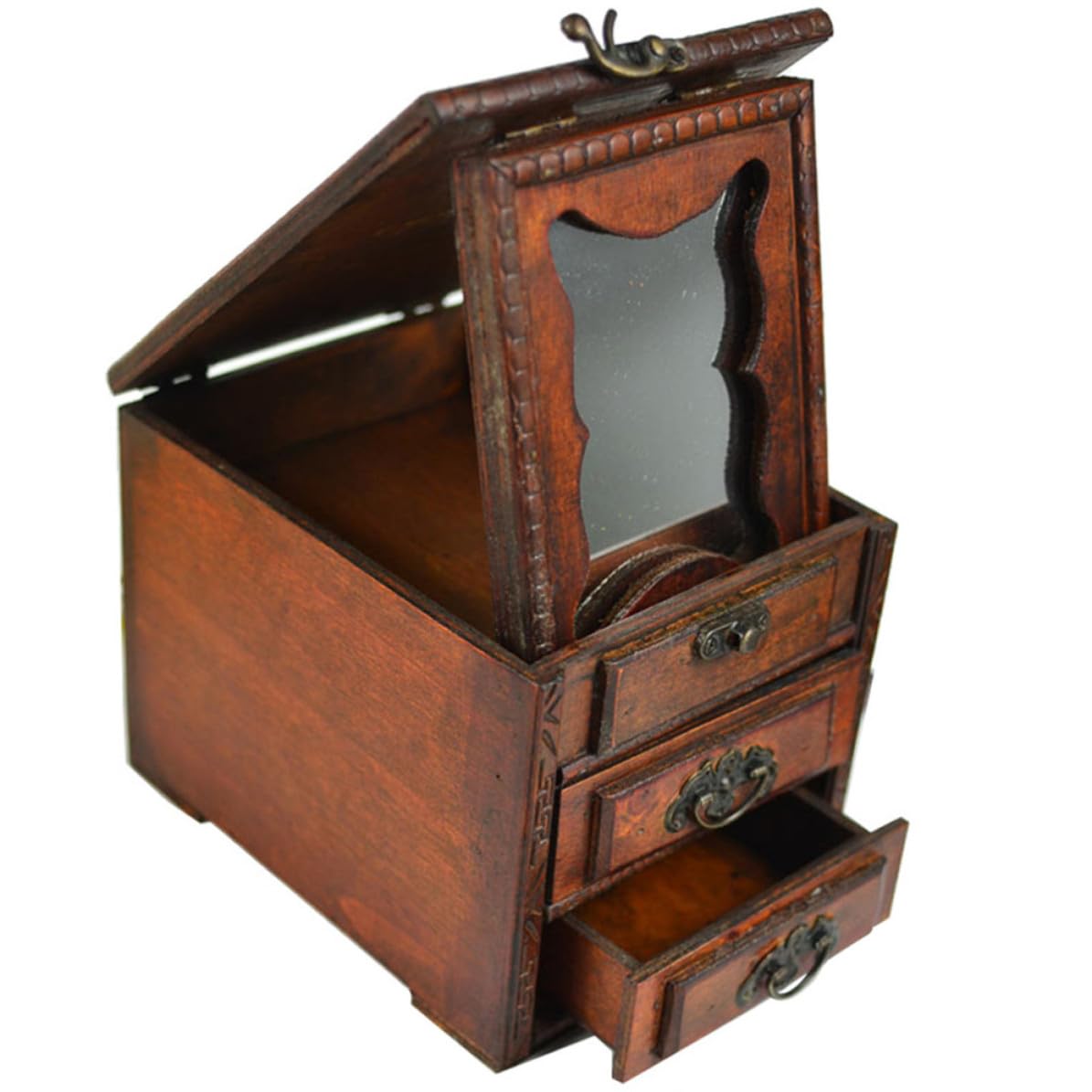 Portagioie Cinese Vintage in Legno con Specchio, Atmosfera Natalizia