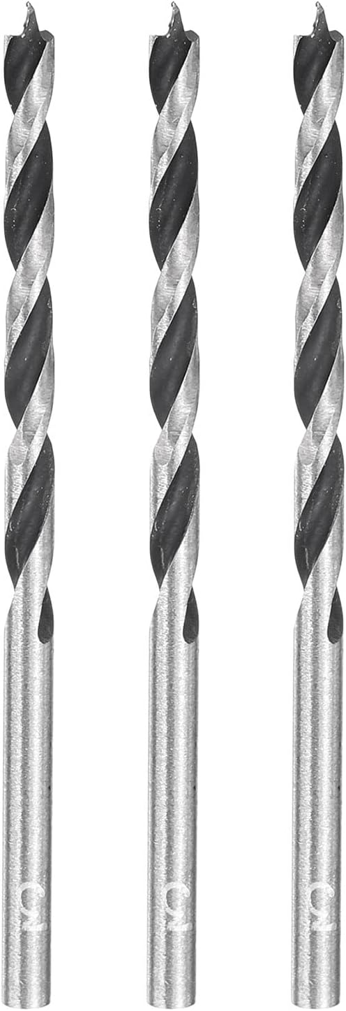 sourcing map 3pcs Brad Point Drill Bits 3mm(1/8") Dia Straight Round Shank Metric Brad Point Spiral Twist Drill Bits for Softwood Hardwood Plywood Plastic Rubber, Silver Tone