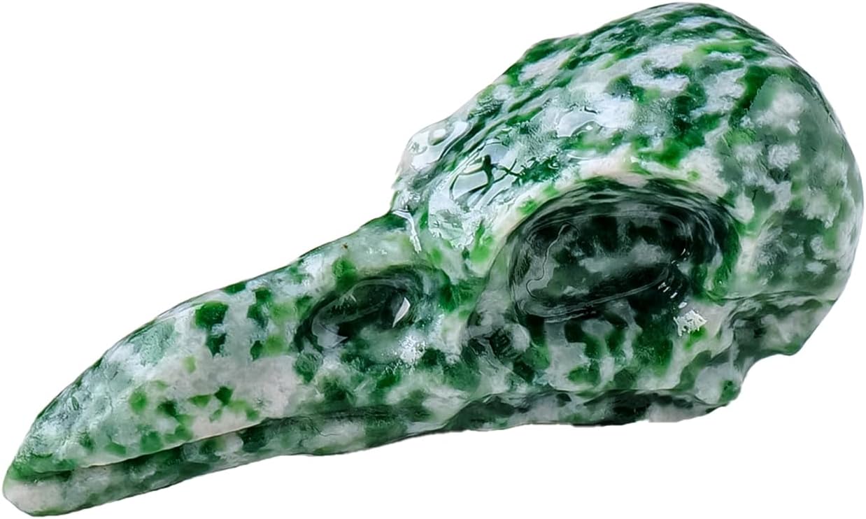 Runyangshi Natural Qinghai Jade Crystal Bird Skull Statue Crow Skull Sculpture Healing Crystal Polished Gemstone Carving Home Office Desk Lucky Decor Gift
