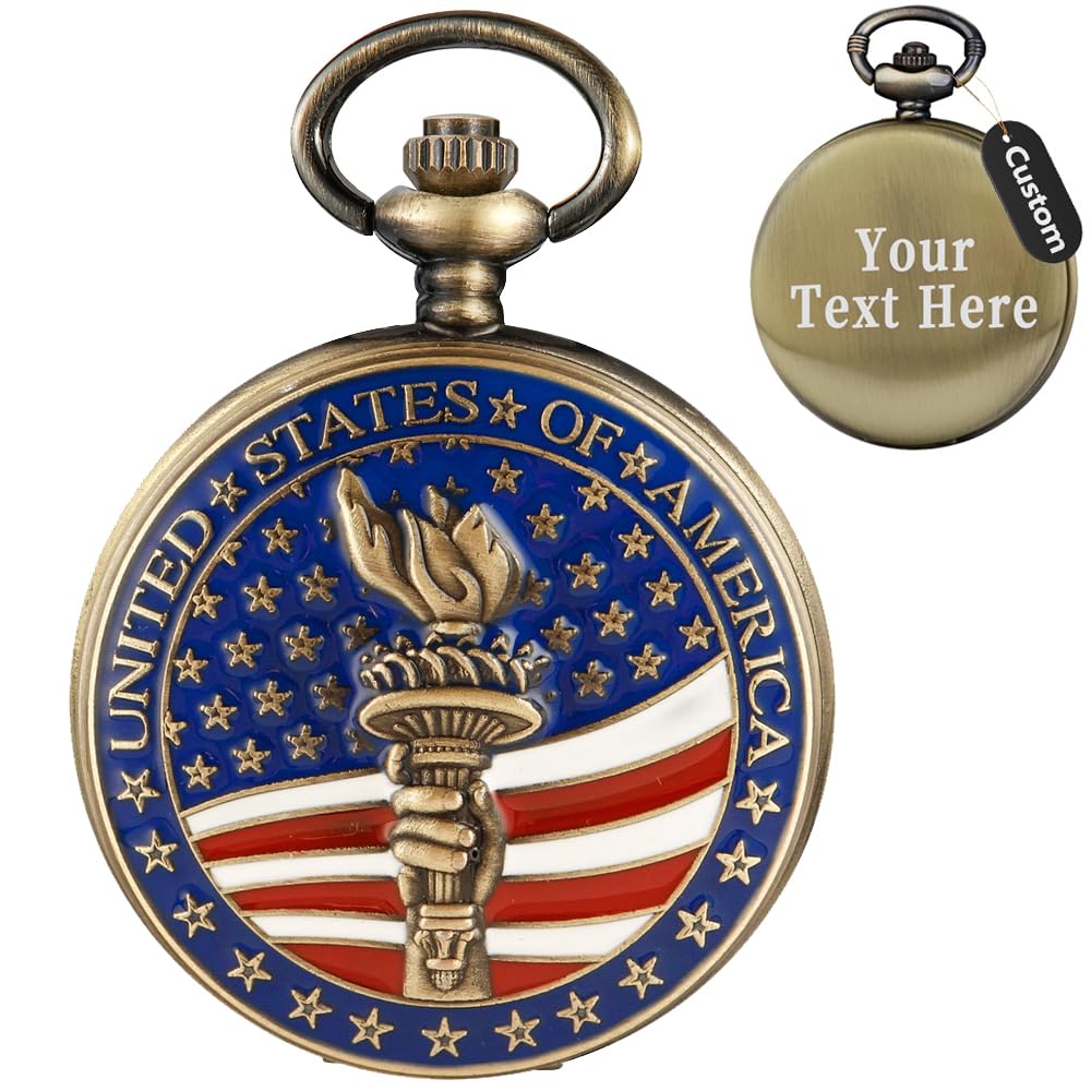 Tiong Engraved Ancient Native Indian/4th of July Pattern Quartz Pocket Watch Design Antique Souvenir Thanksgiving Gifts