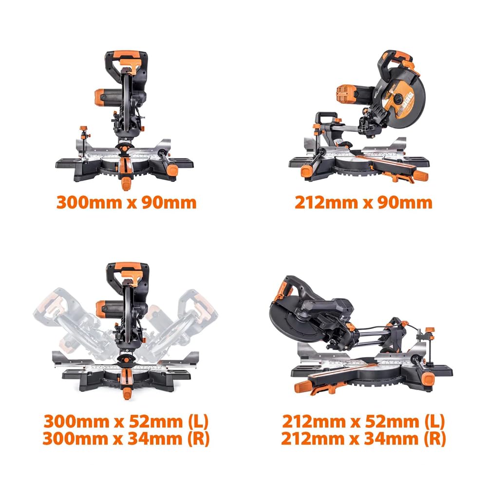 Evolution Power Tools R255SMS-DB-Li Scie à onglets coulissante sans balais à double biseau sans fil Li-Ion EXT lame multi-matériaux, coupe le bois le métal le plastique 255 mm - Batteries non incluses