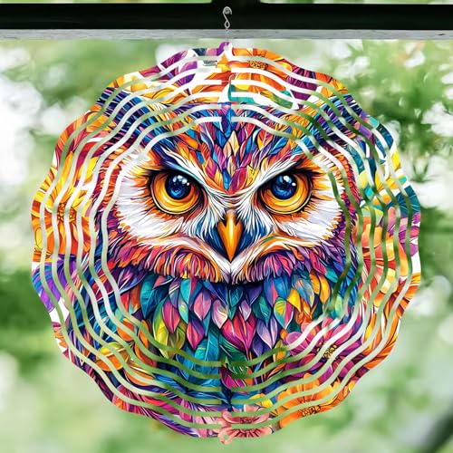 10 Inch 3D Owl Wind Spinner, Laser Cut Stainless Steel Hanger Kinetic Wind Rustproof Sculpture for Garden Yard Art Lawn Balcony Window Porch Outdoor Indoor Decor