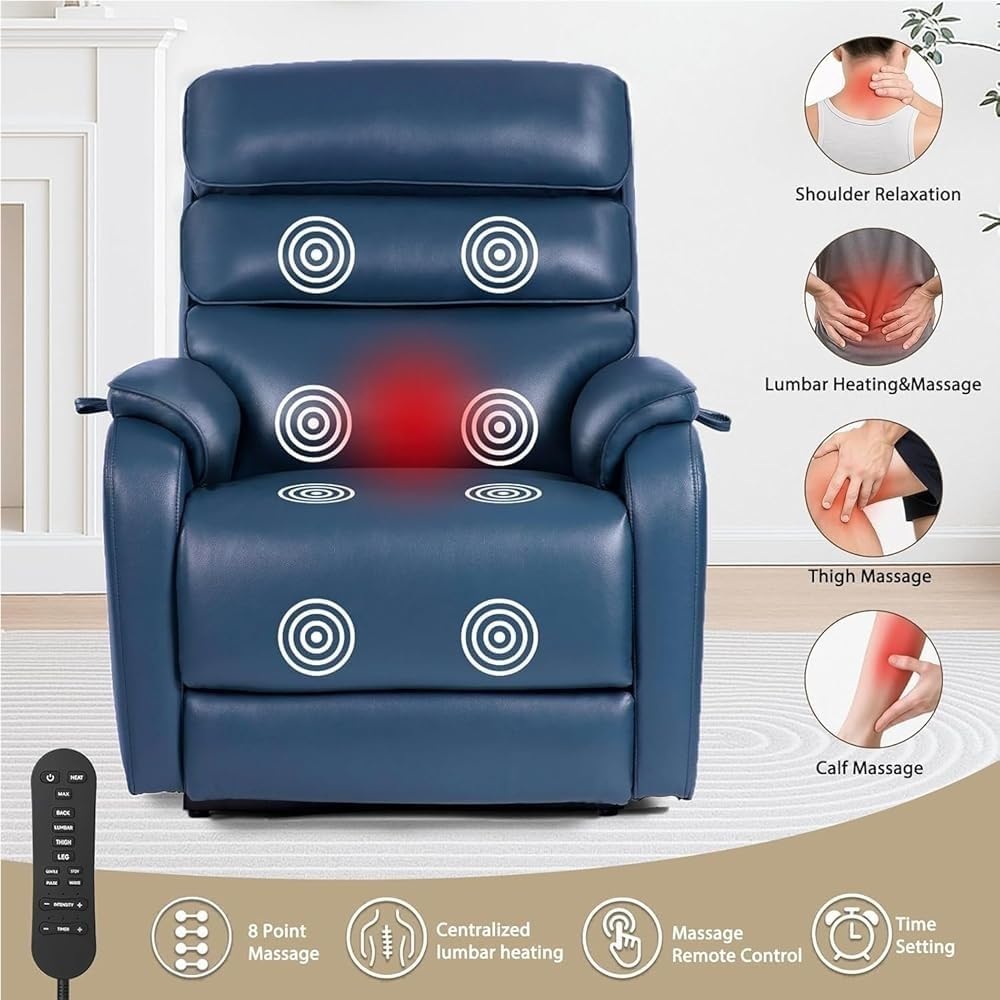 Dual Motor Lift Recliner Sofa for Elderly with Heated Massage Lay Flat Function Heavy Duty Mechanism Genuine Leather Navy Blue Living Room Seating