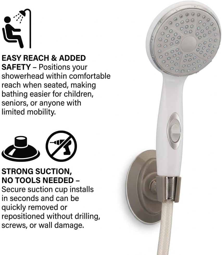 NOVA Suction Cup Shower-Head Holder – Removable Adjustable Shower Head Mount, Tool-Free Strong Suction, Easy Reach for Seated Bathing, Kids & Pets, Reposition-able Bathroom Accessory