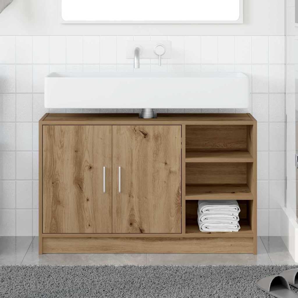Meuble de Salle de Bain en Bois d'ingénierie Chêne Artisanal 90 x 29 x 55 cm avec Rangement, Portes suspendues, poignées en Argent pour Salle de Bain Moderne et Pratique