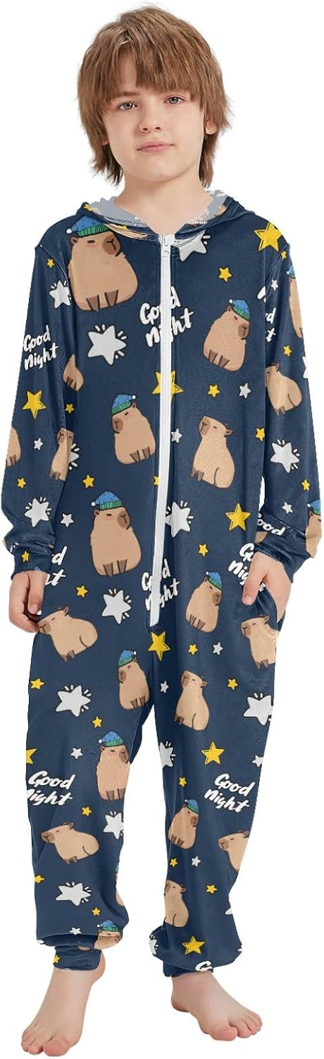 Cute Purple Flowers Capybara Onesie Pajama, Capybara Pajamas One Piece Hooded Sleepwear Zip Up Jumpsuits 5-14Y