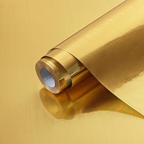 Timeet Papel Tapiz Autoadhesivo Dorado 17.7"X 197" Papel de Contacto Dorado Metálico con Aspecto de Metal Papel Tapiz Autoadhesivo Impermeable