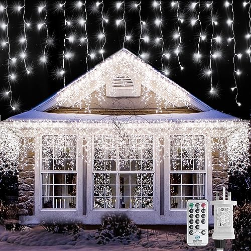 WOWDSGN Icicle Lights Outdoor, 660 LED 15M/49ft Xmas Snowing Icicle Light, 120 Drops 8 Modes Waterproof Timer Indoor/Outdoor Icicle Christmas Decorations Lights for Roof, Garden (Cool White, 15M)