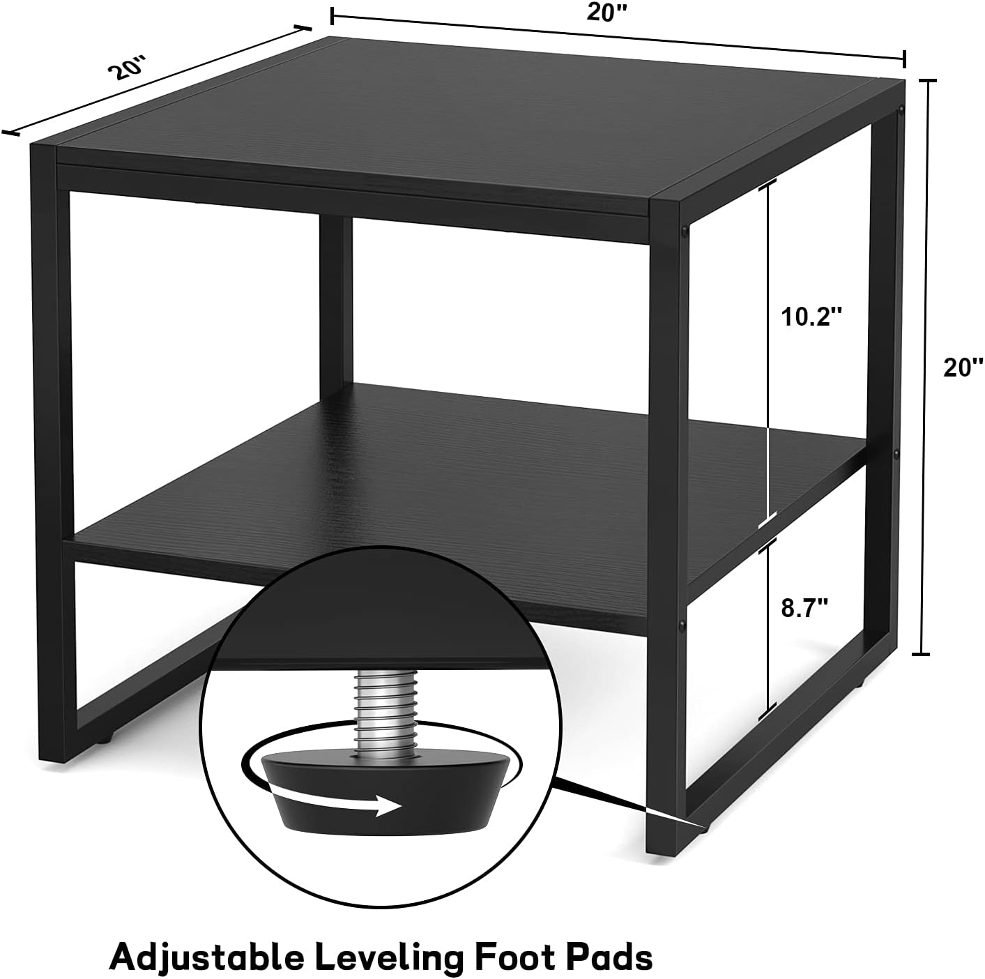 Homieasy End Table, 20 Inch Square End Table, Mini Fridge Stand with 2-Tier Storage Shelves, Industrial Wood Side Table Small Table Stand for Living Room, Bedroom, Office, Black