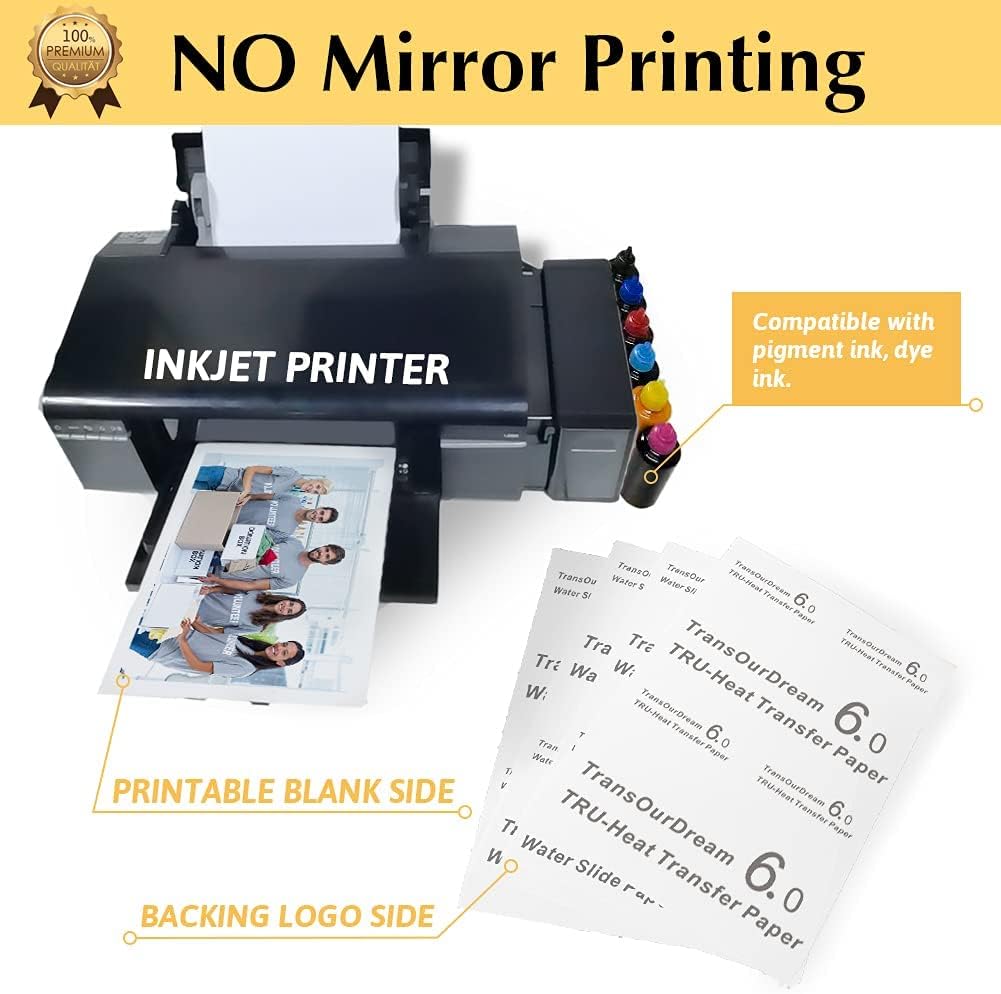 TransOurDream Heat Transfer Paper for Heat Press (50 Sheets, 8.5x11, Dark 6.0) Printable HTV Heat Transfer Vinyl for T Shirts,Inkjet Printer
