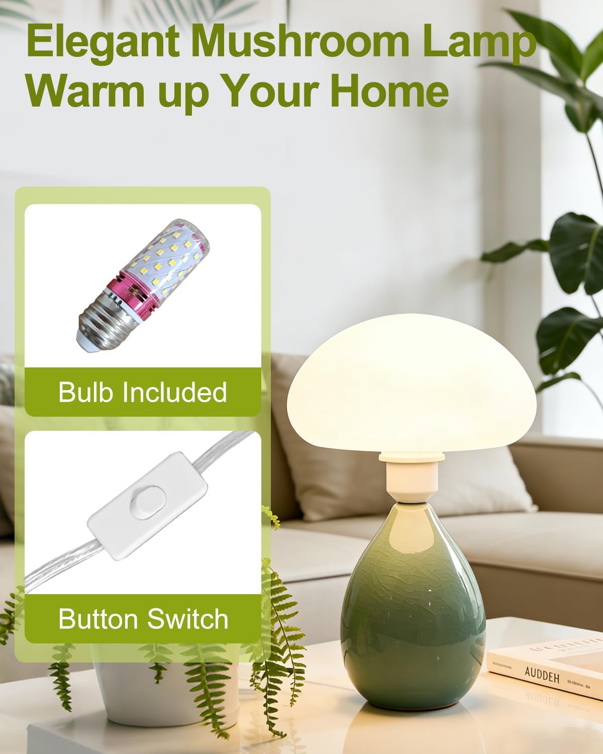 Lightdot Mushroom Table Lamp, Mid Century Modern Lamp, Green Ceramic Base Bedside Lamp, Cute Desk Lamp with Bulb Included, Eye-Caring Night Light for Bedroom Kids Room Living Room Office Home Reading