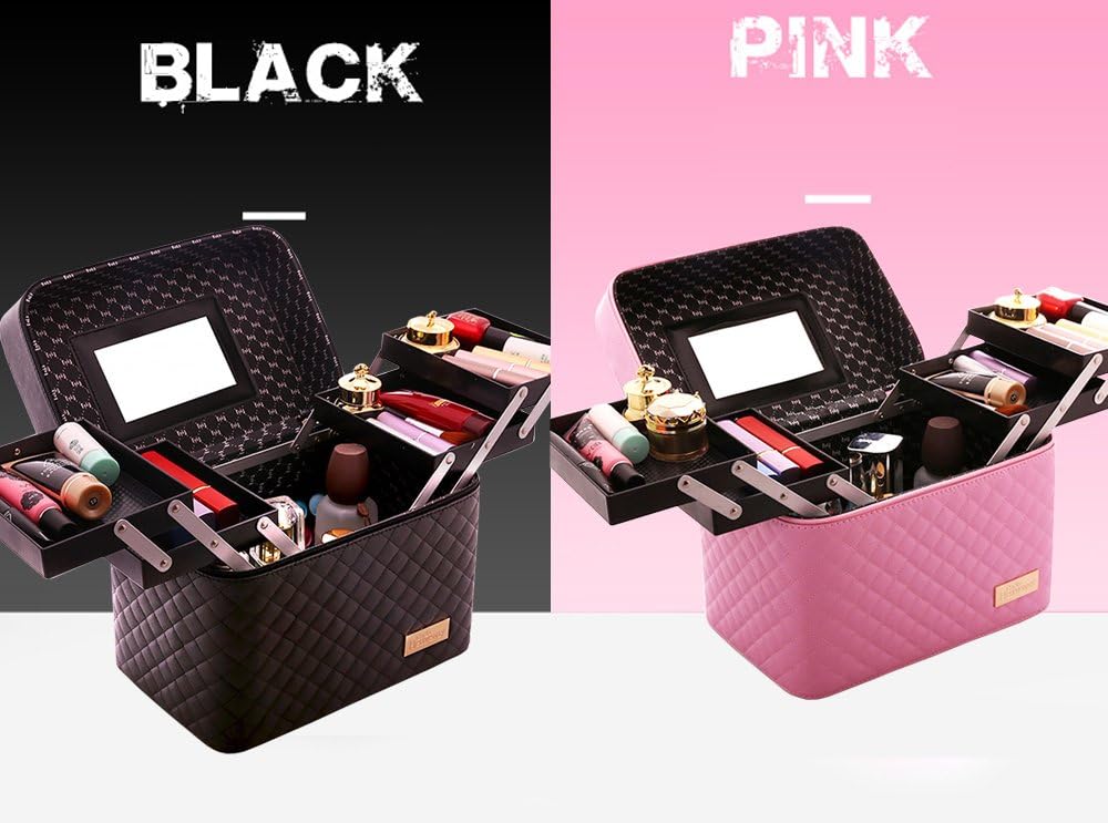 Sooyee Makeup Bag Cosmetic Bags with Mirror, Makeup Organizer 4 Layer Foldable Tray Open to The Sides,Makeup Travel Bag for Women,Makeup Box Train Case,Pink