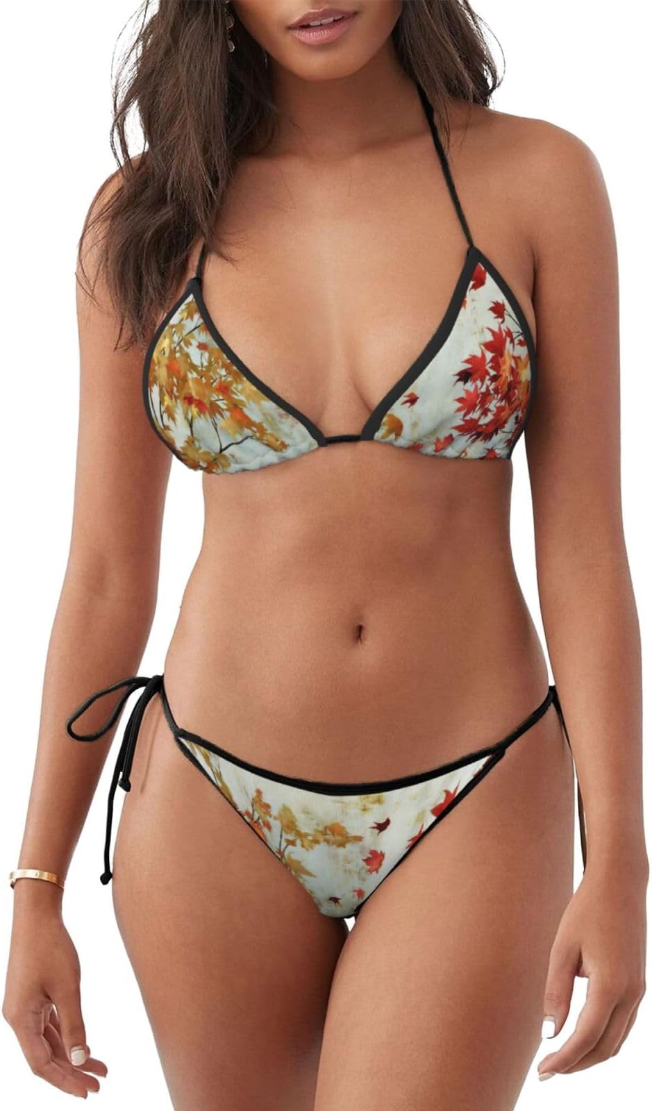 Golden Leaves Bikini Set for Women Bathing Suit High Waisted V Neck Two Pieces Swimsuit Sexy Triangle Bikini Sets