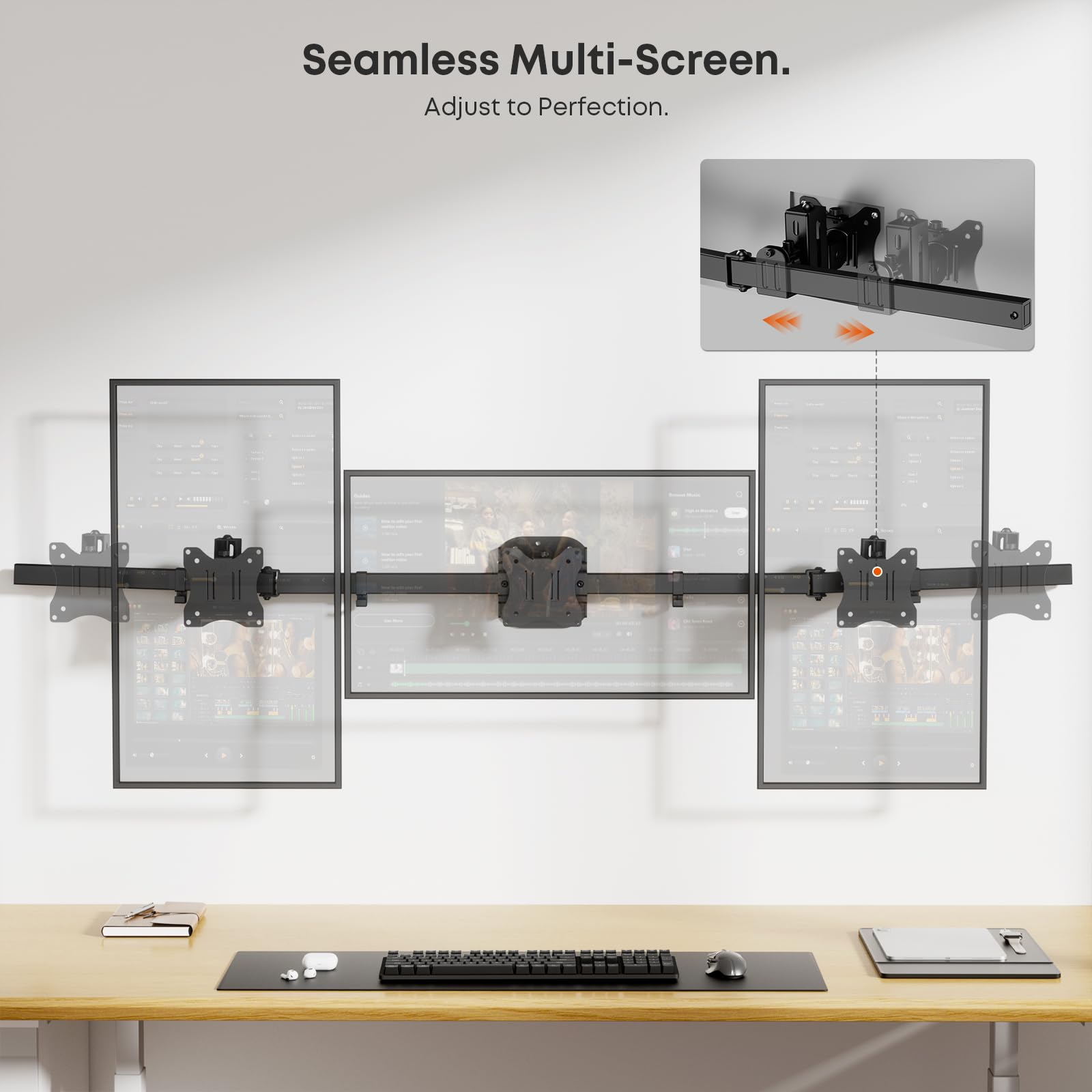 PUTORSEN Supporto a Muro per 3 Monitor 17"-27", Braccio Triplo per Monitor Regolabile, Rotazione Inclinazione Snodo, Gestione Cavi, VESA 75/100 mm, Carico Max 7kg (15.4lbs) per Schermo, Nero