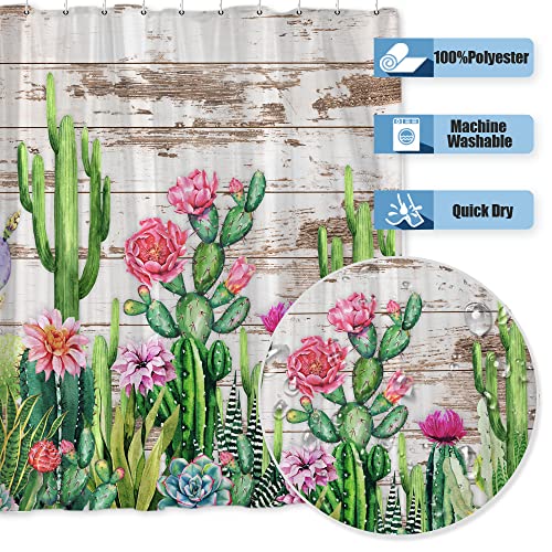 Onecmore Cactus Shower Curtain Green Succulent Plant Western Tropical Desert Style Southwestern Mexican Floral Rustic Grey Wooden Barn Door Polyester Fabric Bathroom Decorations Set Bathtub Decor #TOP2