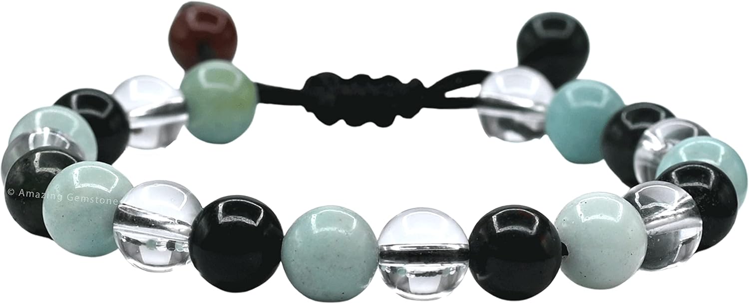 Amazing Gemstone Manifestation Bracelet for Pain Relief - Bloodstone Amazonite Clear Quartz Bracelet Set for Healing Calming Anxiety Stress Relief Gifts Pulseras Para Hombres Mujer (Adjustable)