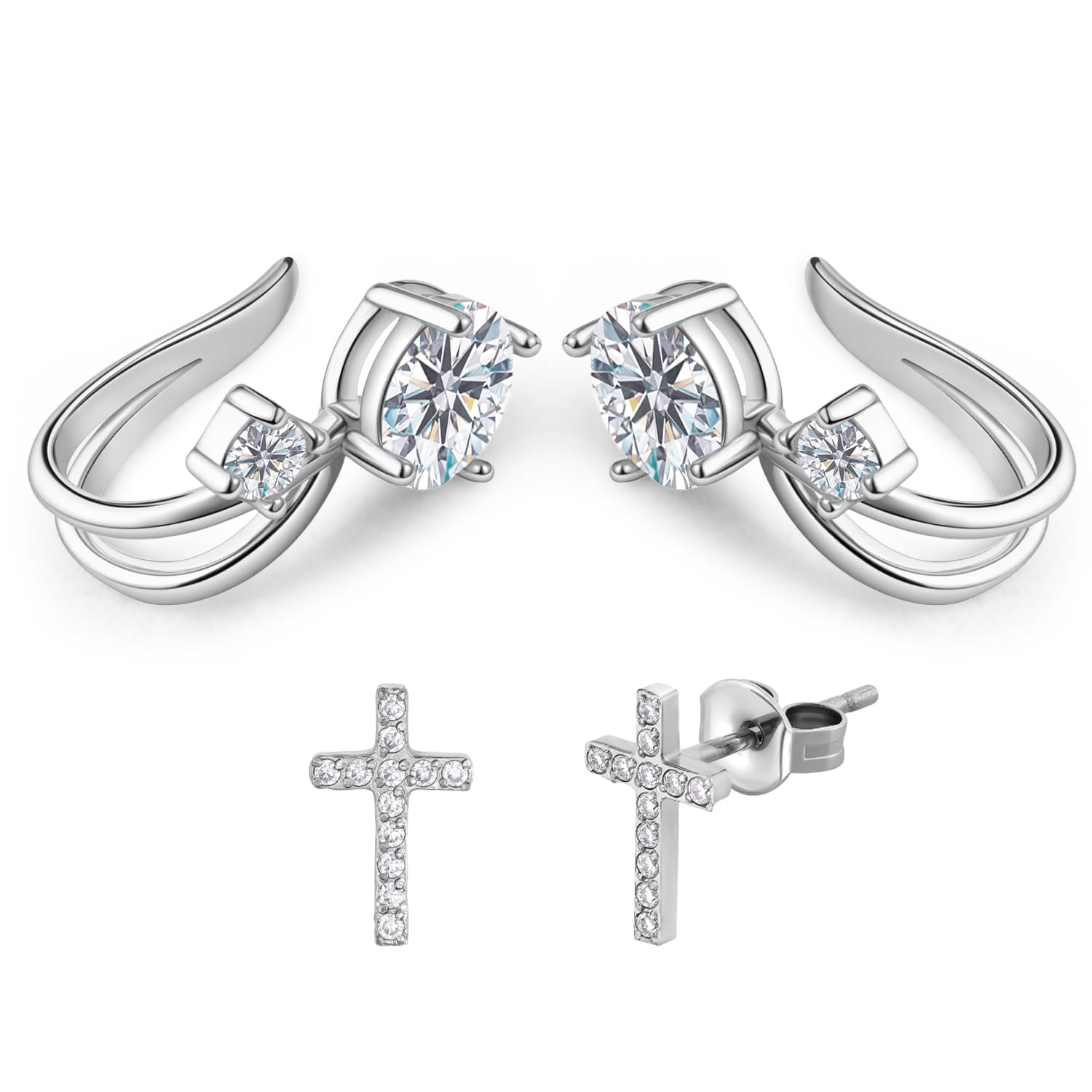 Set di 4 orecchini a clip con moissanite, diamanti coltivati in laboratorio 2 carati, argento 925 rodiato, orecchini senza foro, orecchini a croce, ear cuff