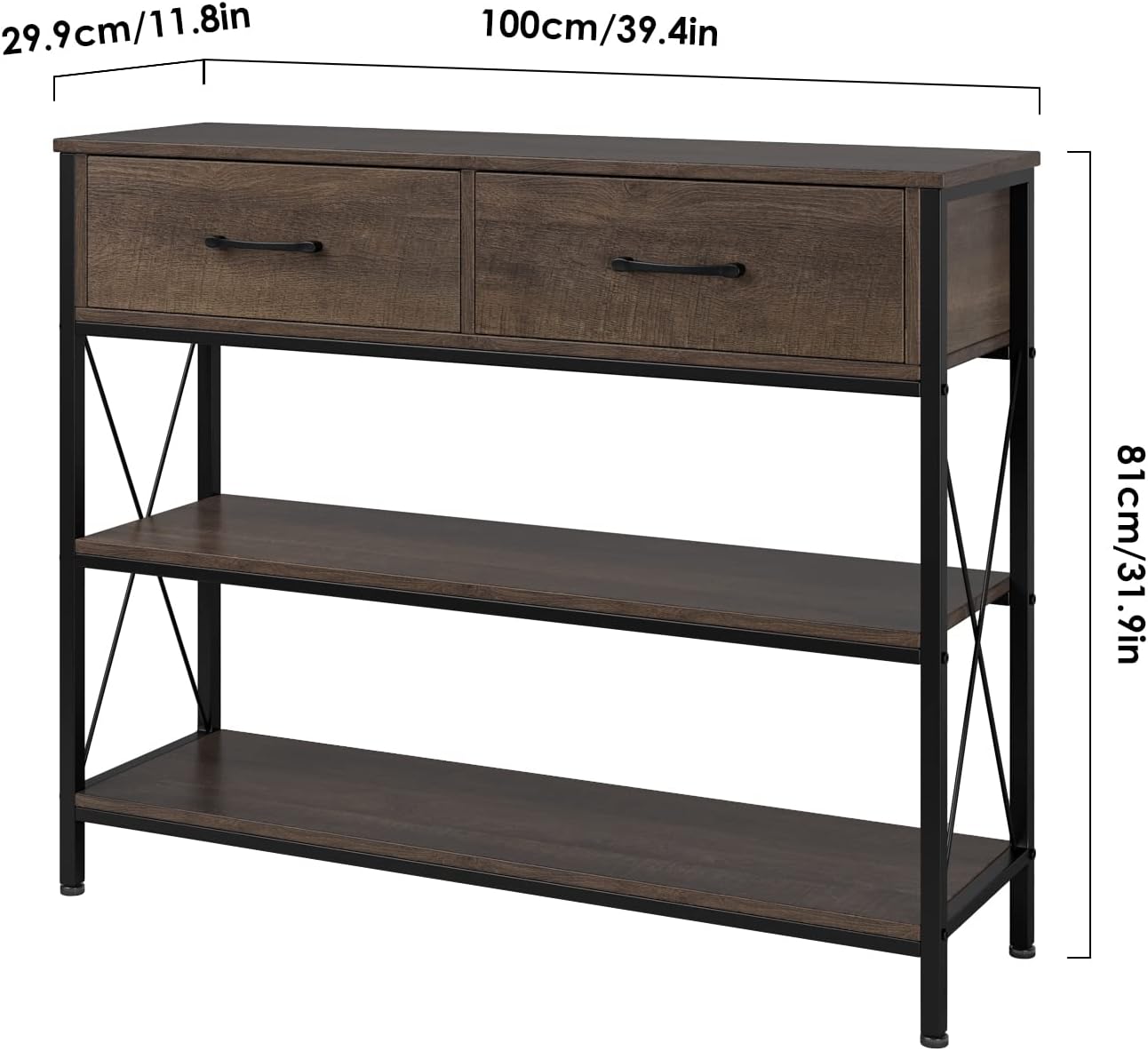 Diagram showing the dimensions of the HITHOS Industrial Console Table: 100cm (39.4 inches) width, 29.9cm (11.8 inches) depth, and 81cm (31.9 inches) height.