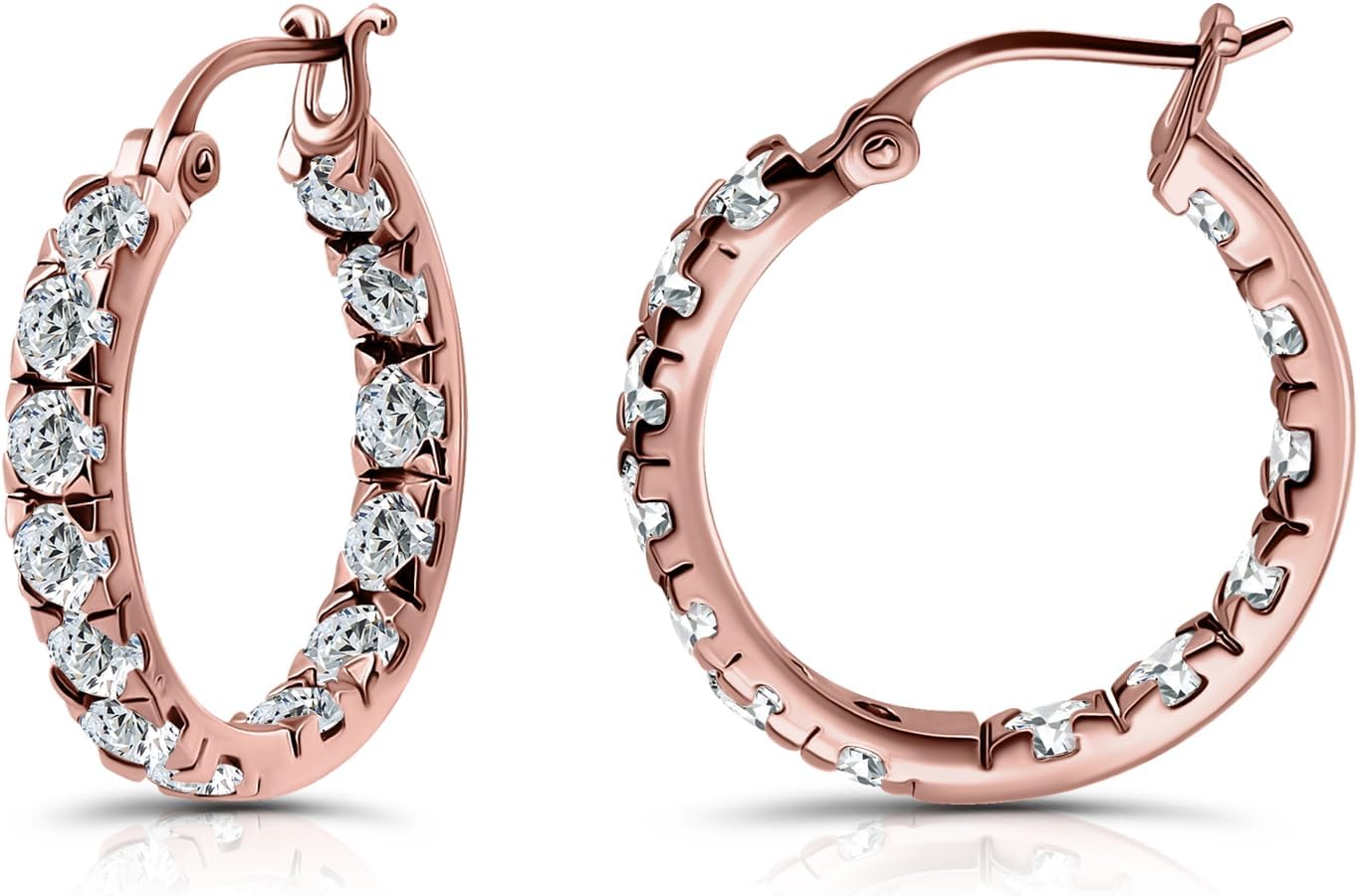 Hoops & Loops 925 Sterling Silver Cubic Zirconia White CZ Inside Out 20mm Round Hoop Click-Top Earrings for Women, Silver, Rose & Yellow Gold