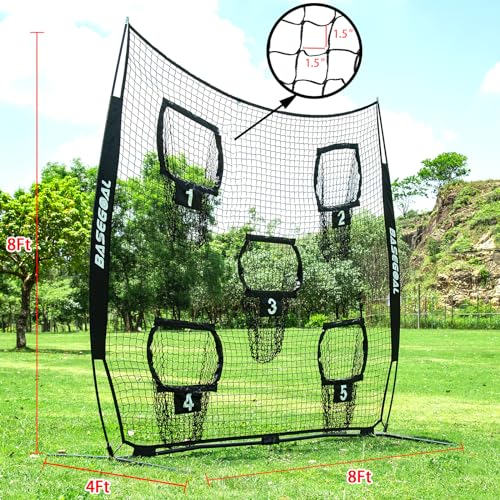 BaseGoal Football Nets for Throwing,Football Target,Quarterback Training Equipment with 5 Target Pockets for Improving Football Accuracy Throwing-8 x 8 ft or 6 x 6 ft Nets (8 x 8 Ft Black + Ball) - Thumbnail 7
