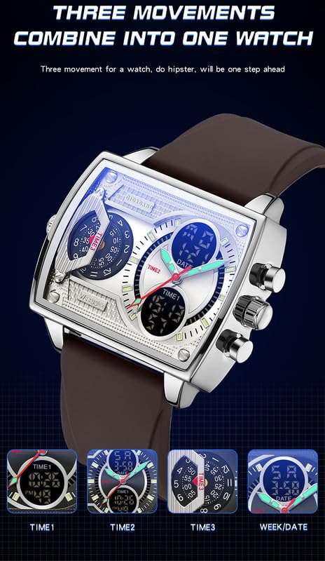Image of Giordano Square Hybrid Analog-Digital Watch for Men - Triple Time Zone Display with Quartz Precision and Durable Sport Grade Silicone Strap - GZ-50161
