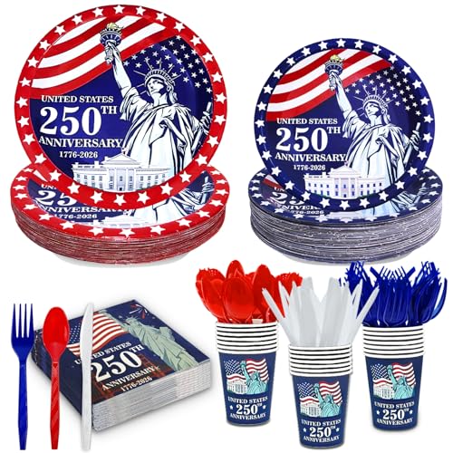 168 PCS 250th Anniversary 4th of July Decorations Patriotic Party Supplies Serve 24, American Flag Party Tableware Set 4th of July Plates Napkins Cups Knives Forks Spoons for Memorial Independence Day