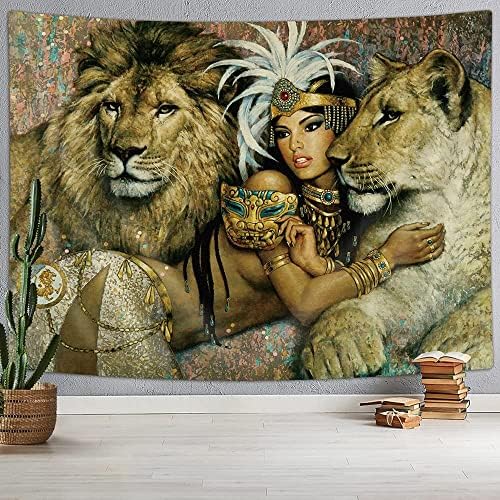 Uokiuki Lion Girl Tapestry African Animal Tapestry Wall Hanging, Lion Retro Ethnic Tribe Sexy Womanart Tapestries, Safari Tapestry Wall Hanging for Bedroom Living 71X60IN