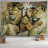 Uokiuki Lion Girl Tapestry African Animal Tapestry Wall Hanging, Lion Retro Ethnic Tribe Sexy Womana
