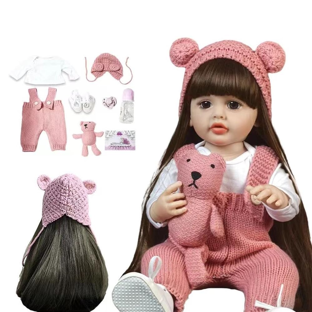 Bambola Reborn Realistica,50 cm Vestito Lavorato a Maglia, con Orsetto, Bambole Reborn Femmina - 20 Pollici Bambole Reborn Realistiche con Capelli Lunghi, Adatta dai 3 Anni