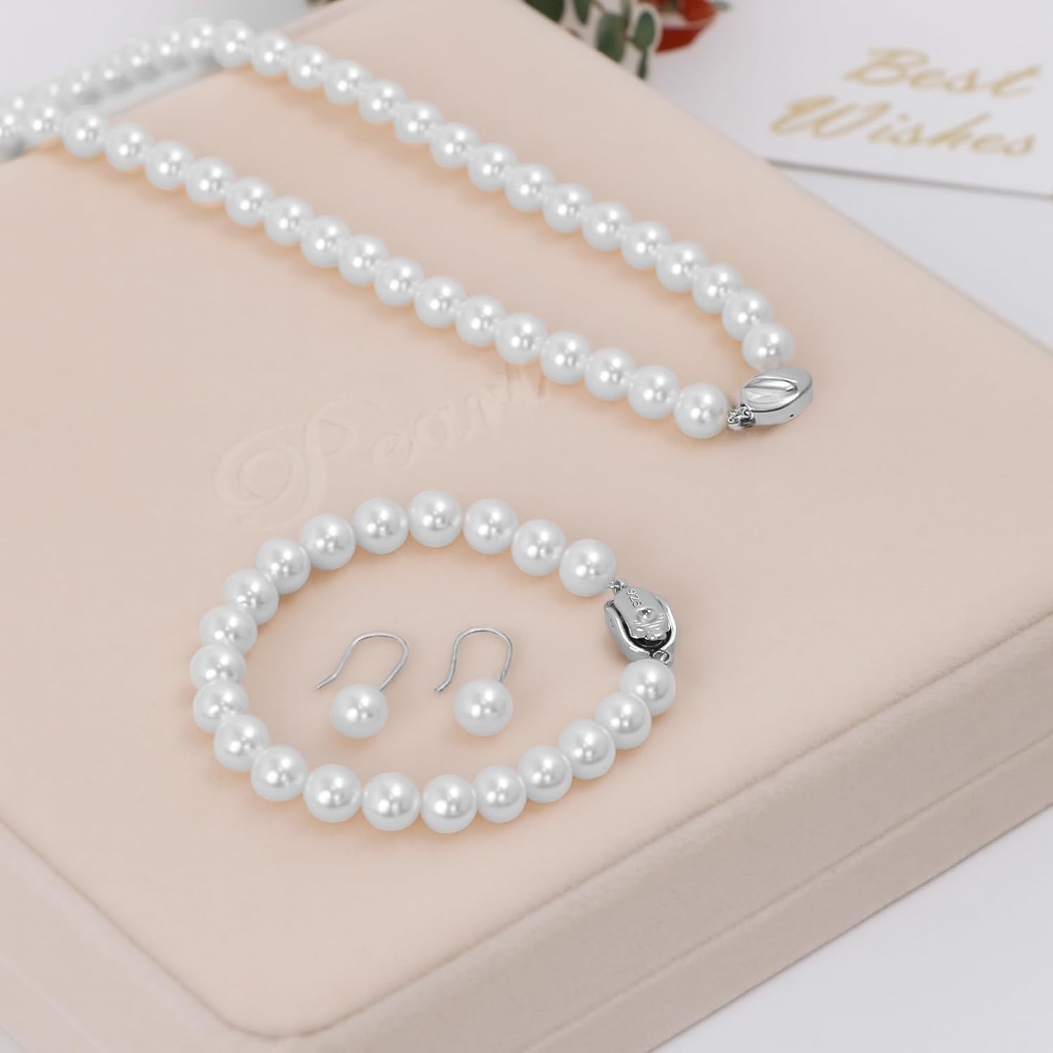 Pearl Jewelry Set for Women: 8mm Round White Shell Pearl Necklace Bracelet and Earring Set for Wedding Birthday Gift - Image 3