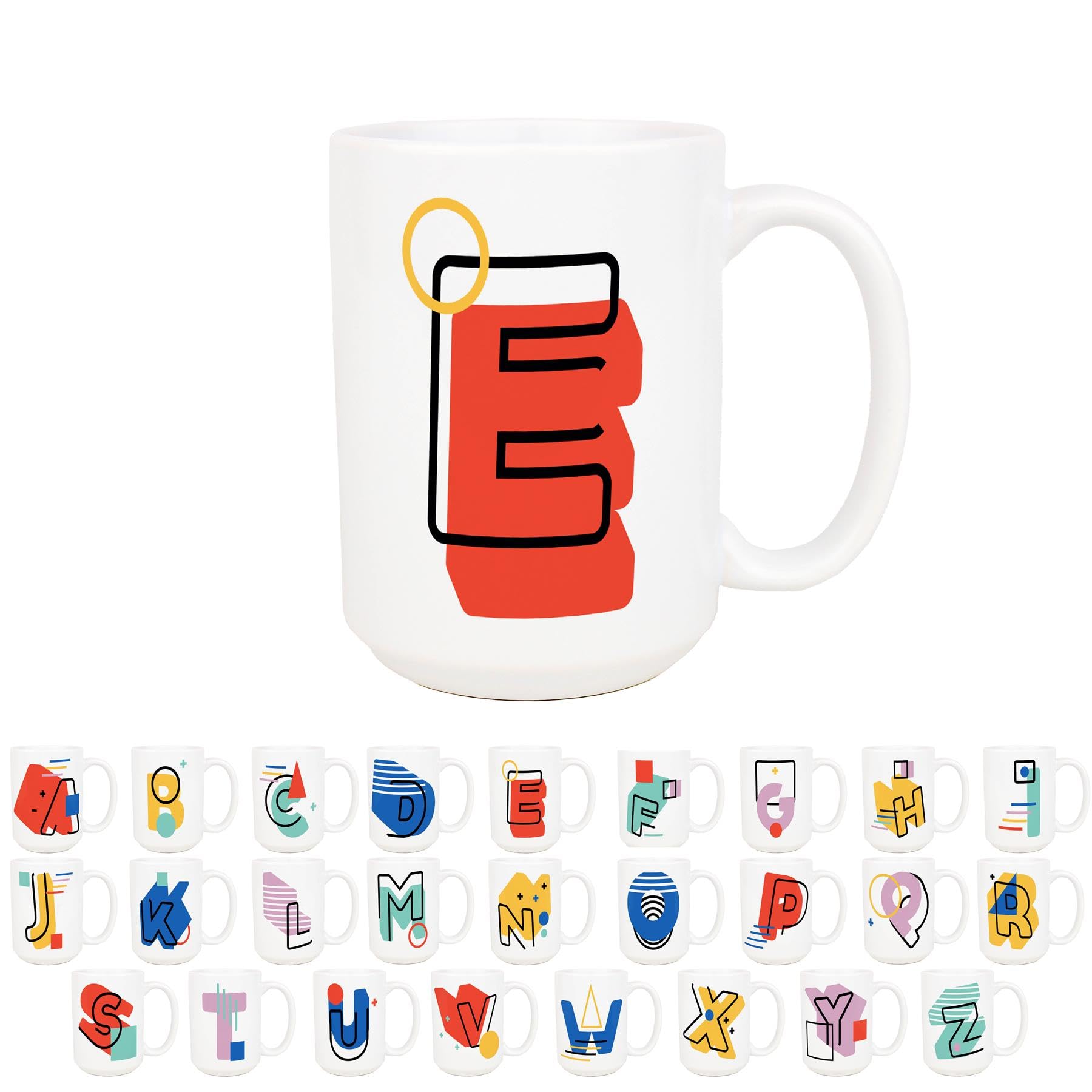 Purely Home Colourful Letter E Mug - Pop Art Fun Novelty Personalised Initial Gifts - Large 500ml White Ceramic Tea/Coffee Cup Present