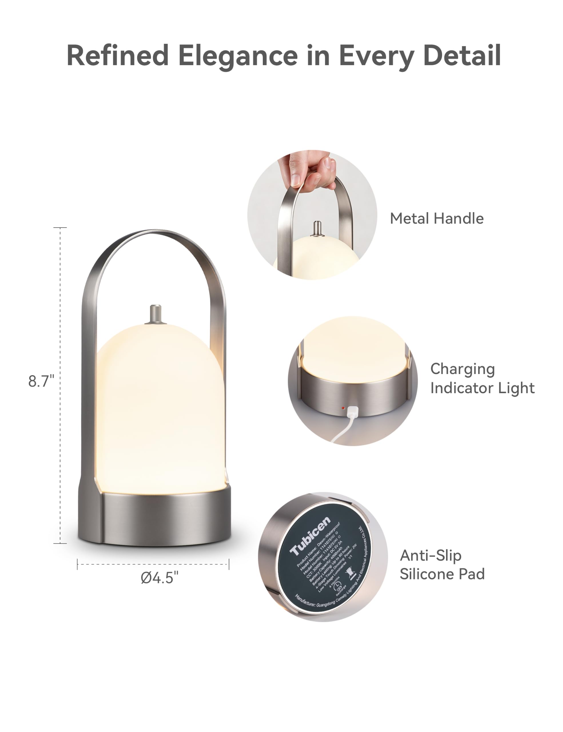Tubicen Lámpara de mesa LED portátil para exteriores, impermeable, 4000 mAh, funciona con pilas, lámpara de mesa inalámbrica, recargable, 4 vías, táctil, regulable, portátil, para patio, cena, camping