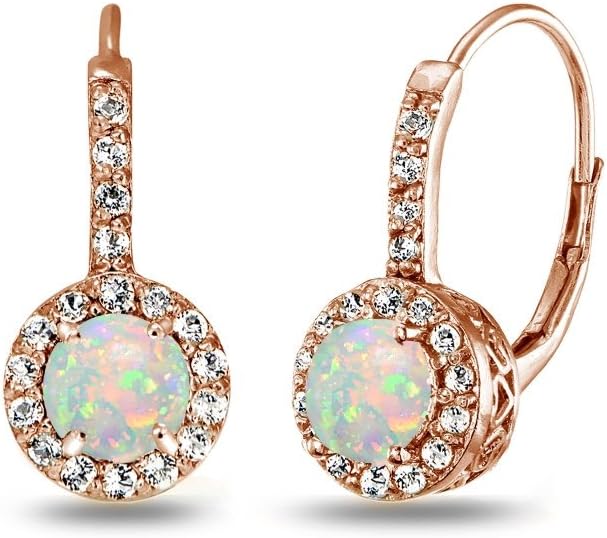 Rose Gold Flashed Sterling Silver Genuine or Synthetic Gemstone Round Dainty Halo Drop Leverback Earrings