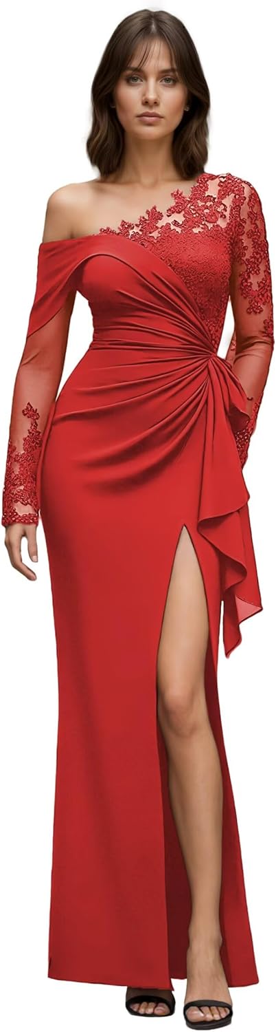 Lace Appliques Mother of The Bride Dresses for Women One Shoulder Ruched Long Sleeves Elegant Evening Gown Cg0055