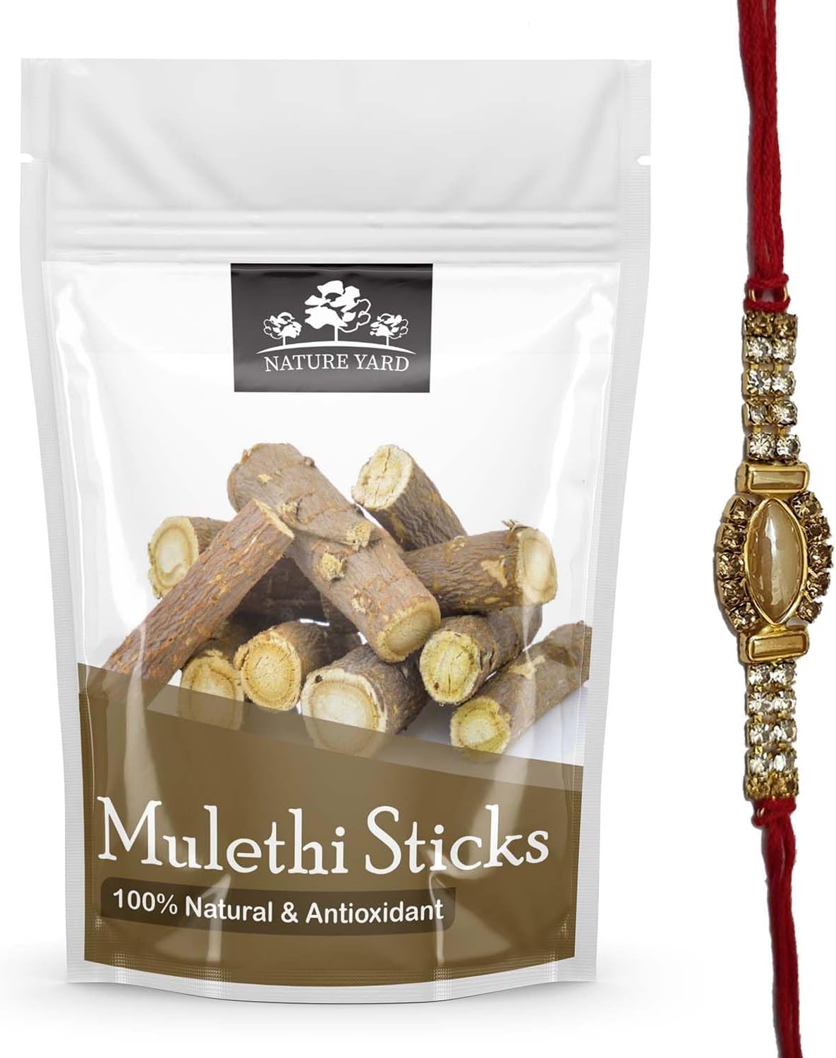 Mulethi Stick Organic for Eating - 200 Gm - Rakhi Gift For Brother- Designer Golden Stone Rakhi Gifting Set (200gm + 1 Rakhi)