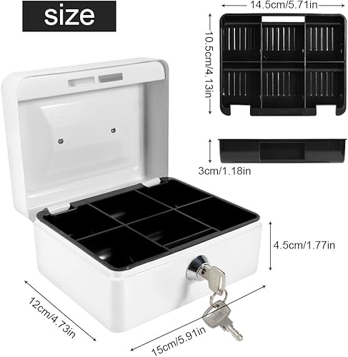 Miniatura 6 de Mini caja de efectivo con cerradura de llave, caja de estaño portátil de 6 pulgadas con separación en capas, clasificación de billetes de banco,