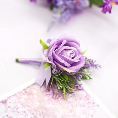 Miniatura 7 de Ramo de boda morado lavanda para novias, damas de honor y flores a juego para novio, rosas artificiales, flores lilas, ramo de novia para decoración