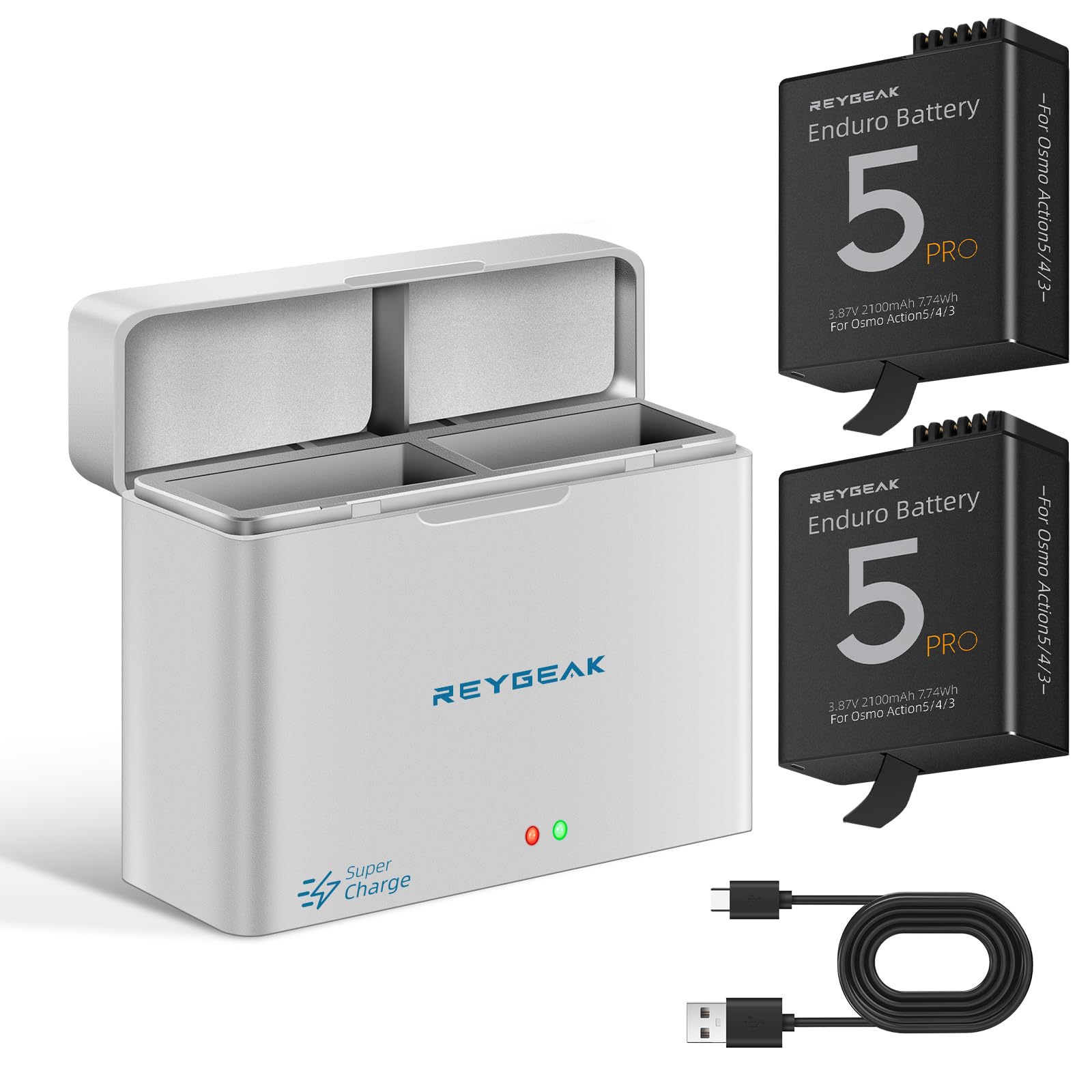 REYGEAK Akku und Ladegerät für DJI Osmo Action 6/5/Action 4/3, 2er-Pack Akkus mit 2 Anschlüssen, PD Schnellladung Akkuladebox, 2100 mAh wiederaufladbarer Akku für DJI Action 5/4/3 Ladegerät-Zubehör