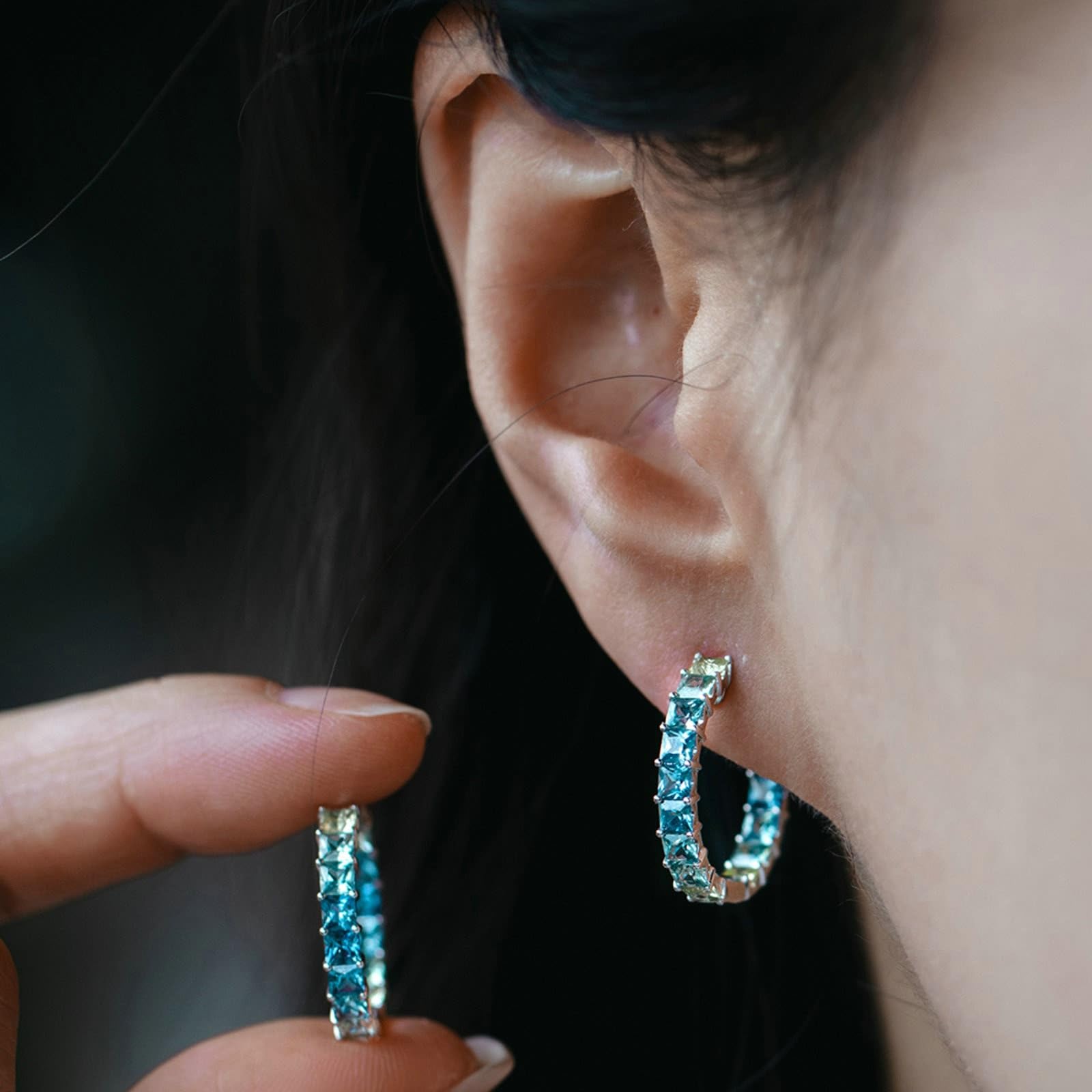 KnSam Prawdziwe złoto biżuteria 18 K białe złoto 750 Creole Hoop, 3 ct szafirowe damskie kolczyki klasyczne szlif kwadratowy kolorowe, kolczyki damskie Au750 Gold