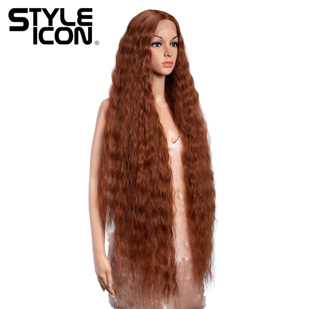 Style Icon 102 cm, super długa, kręcona, koronkowa peruka dla kobiet, T-Part z dzieckiem, syntetyczne włókna odporne na wysokie temperatury, w stylu boho, falowane (130T)