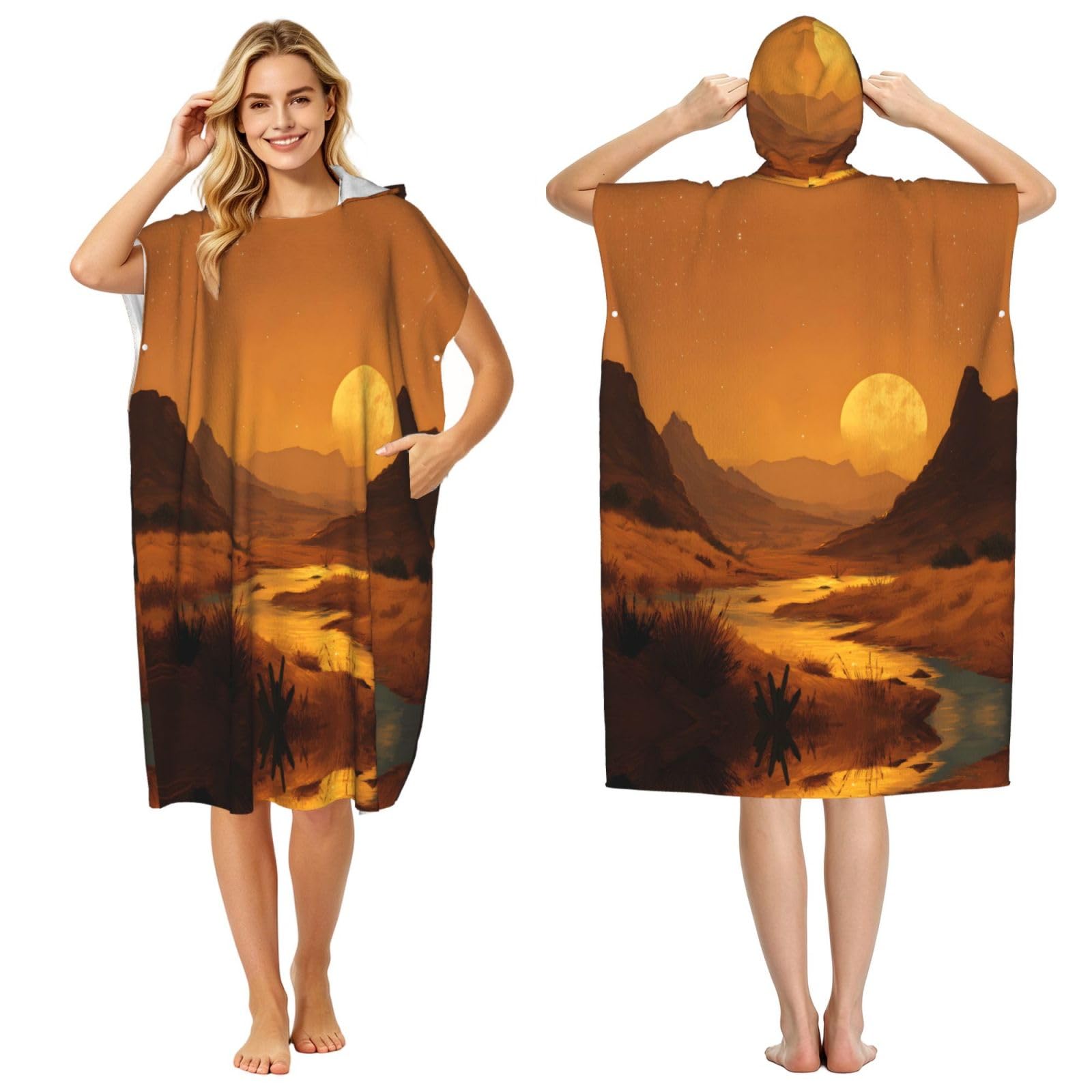 ESNAIUVCD Golden Desert Sunset Print Changing Robe, Hooded Towel Poncho For Swimming Pool, Beach,Quick Dry & Light Weight Towelling Poncho For Adults Women Men