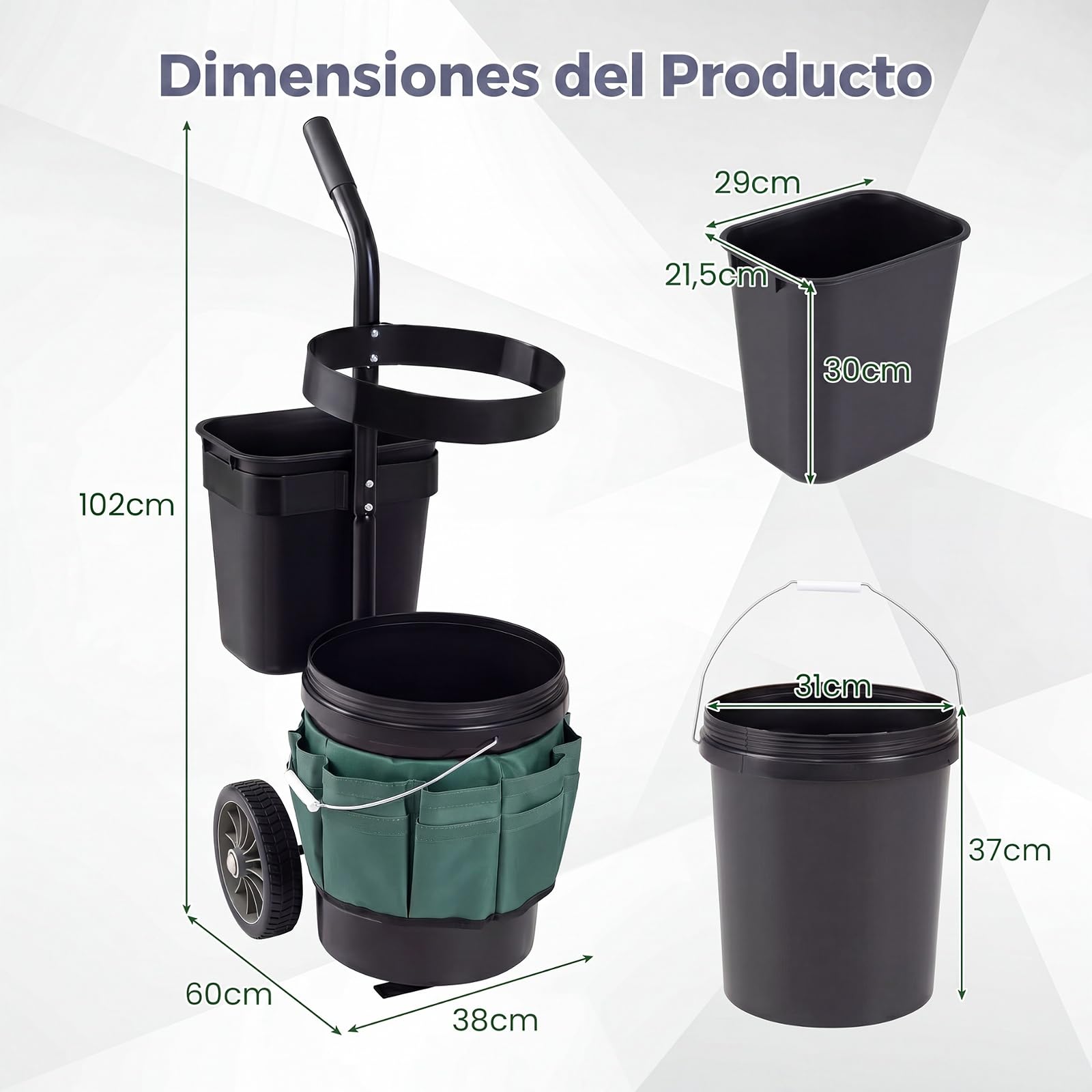GYMAX Carro de Jardín para Herramientas, Carrito de Transporte con Ruedas, Cubo Redondo de 20 L, Cubo Rectangular de 5 L y Bolsa de Tela Oxford, Carretilla Portátil Porta Utensilios de Jardinería