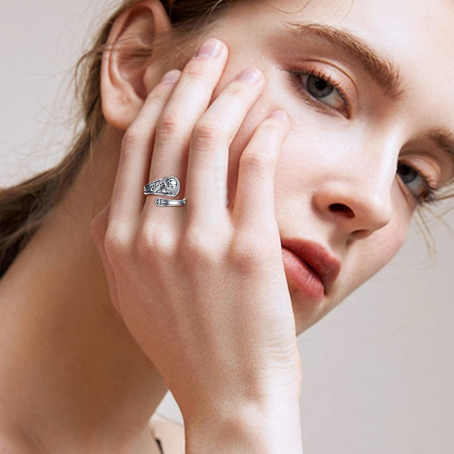 Skull Ring 925 Sterling Silver Spoon Rings Gothic Skeleton Adjustable Statement Ring Vintage Jewelry for Women Anniversary Gothic Girlfriend Wife