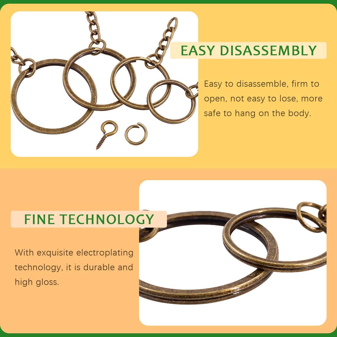 Rustark 300 Pcs Bronze Key Chain Rings Assortment Kit, 100Pcs Keychain Rings with Chain, Open Jump Rings and Screw Eye Pins for Crafts Charm Jewelry Making (20mm, 25mm, 30mm, 35mm)