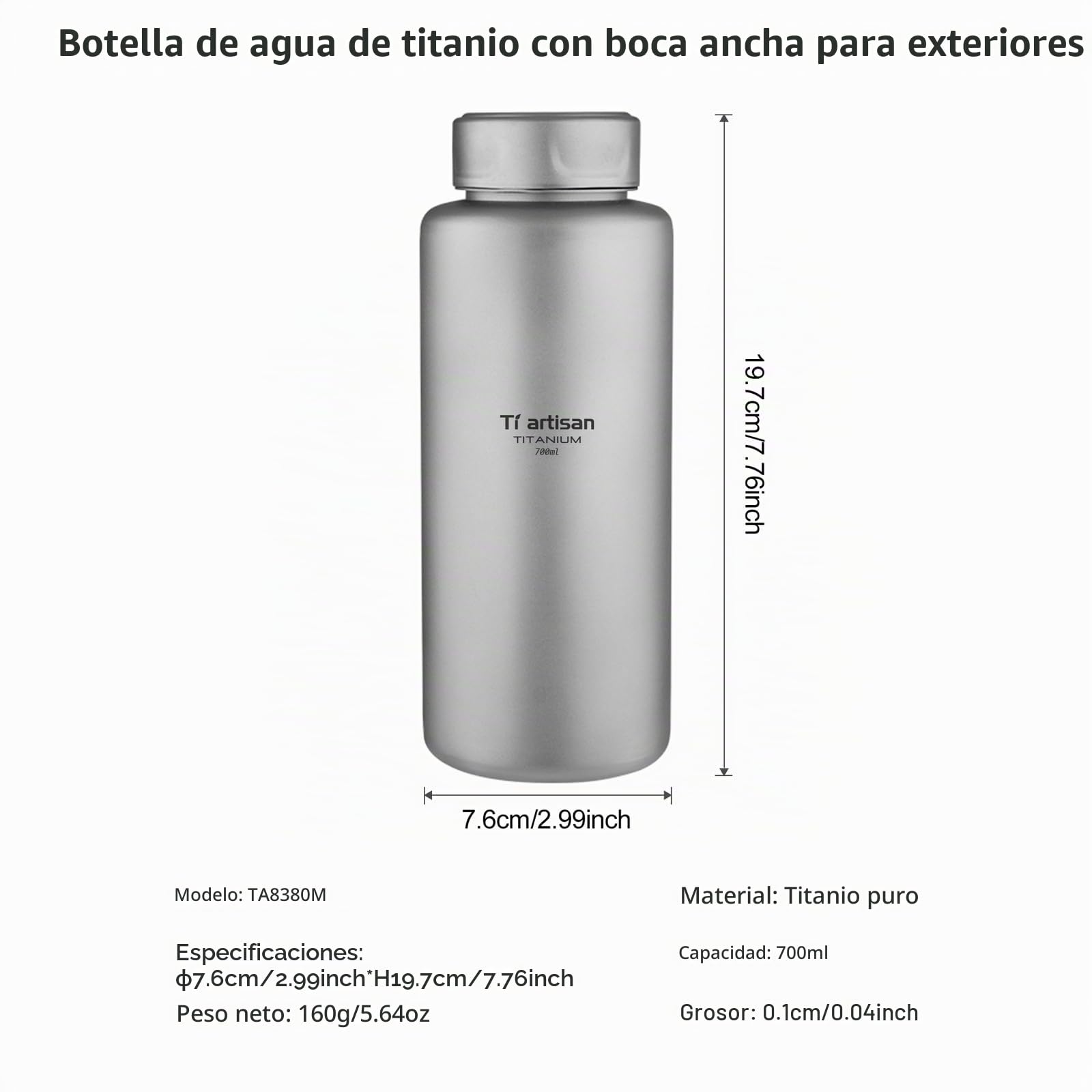 Ti artisan Botella deportiva de titanio de 700 ml, ultraligera, de boca ancha, duradera, a prueba de fugas, para acampar al aire libre, senderismo (23.67 onzas líquidas)